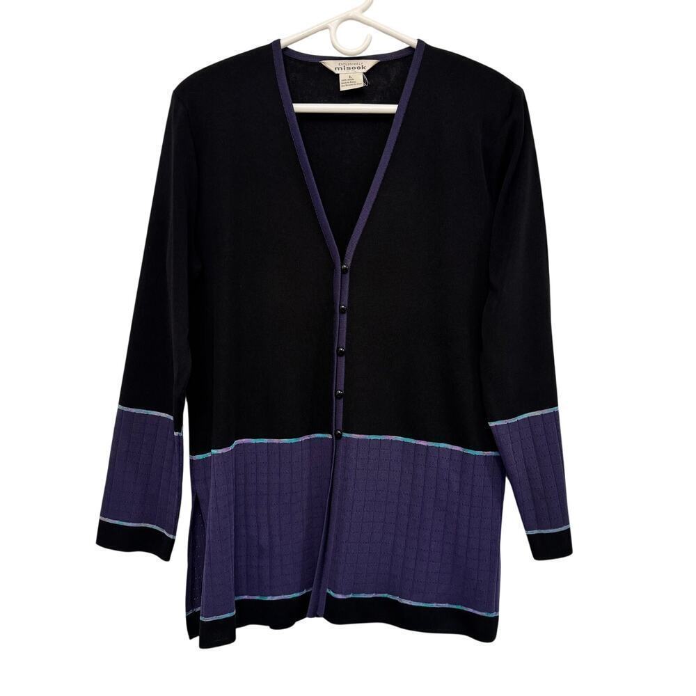 Exclusively Misook Purple and Black Colorblock Long Sleeve Knit Cardigan LArge